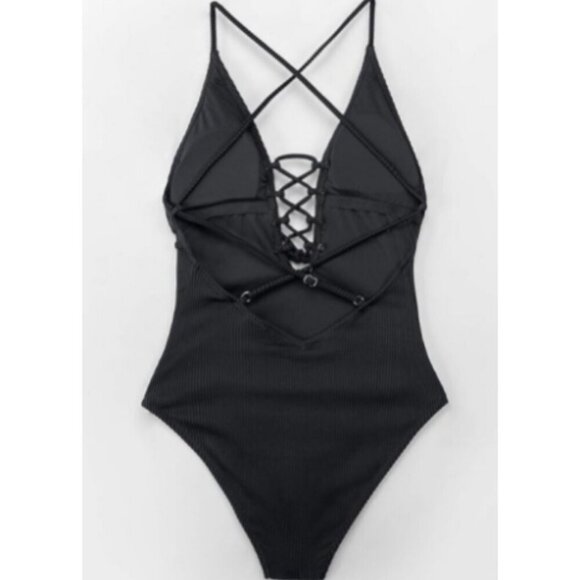 **Cupshe** Women's V Neck One Piece Swimsuit Lace Up Bathing S Black - Picture 6 of 9